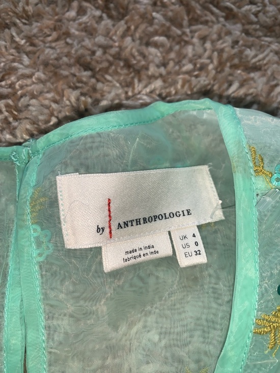 Anthropologie Sabine Beaded Sequin Mint Green Embroidered Puff Sleeve Blouse - Picture 8 of 11